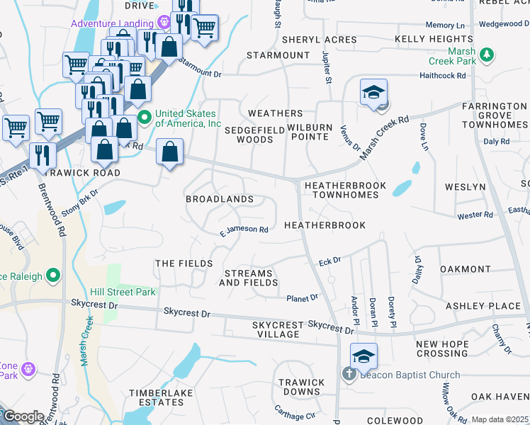 map of restaurants, bars, coffee shops, grocery stores, and more near 3329 Derbyshire Place in Raleigh