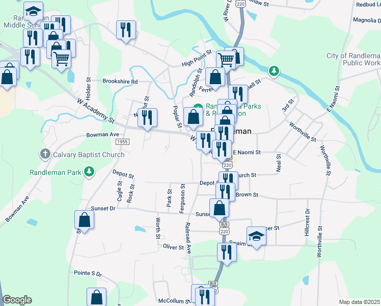 map of restaurants, bars, coffee shops, grocery stores, and more near 128 Tabernacle Street in Randleman