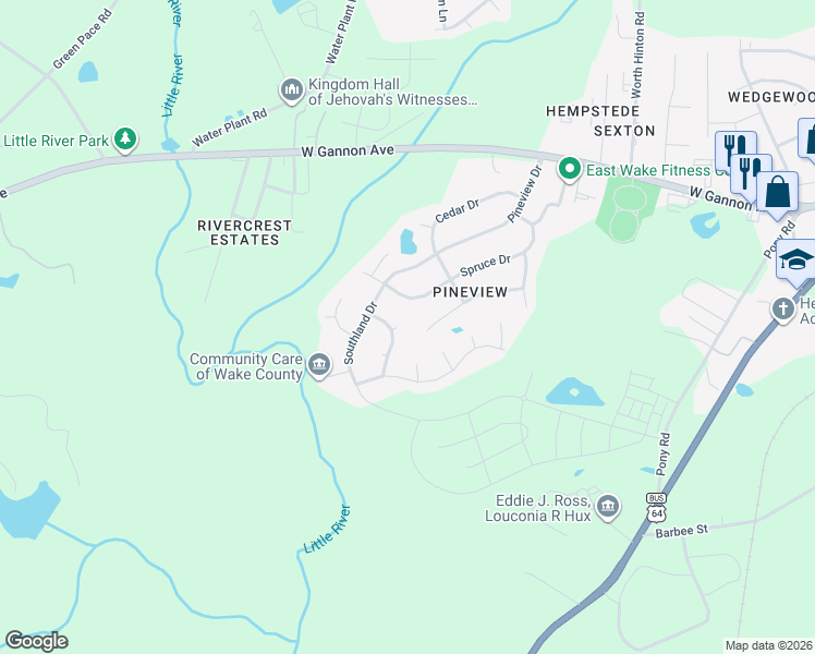 map of restaurants, bars, coffee shops, grocery stores, and more near 1221 Spruce Drive in Zebulon