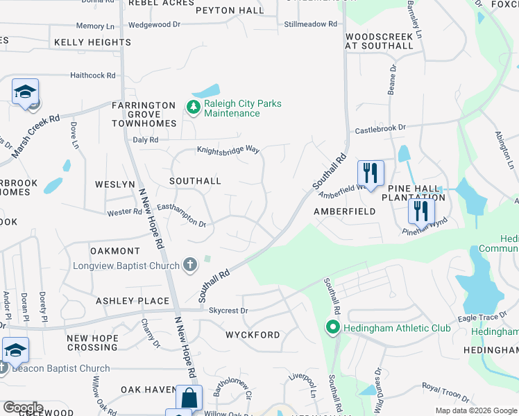 map of restaurants, bars, coffee shops, grocery stores, and more near 2520 Holbrook Court in Raleigh