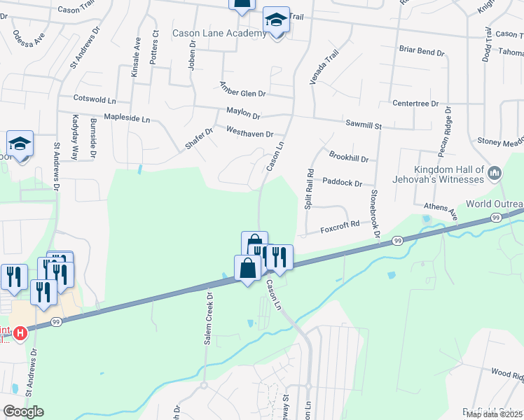 map of restaurants, bars, coffee shops, grocery stores, and more near 1647 Cason Lane in Murfreesboro