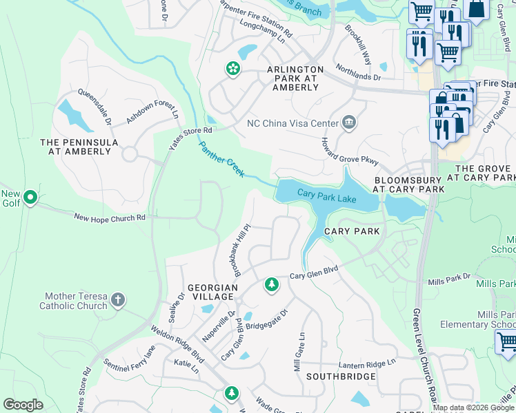 map of restaurants, bars, coffee shops, grocery stores, and more near 208 Brookbank Hill Place in Cary