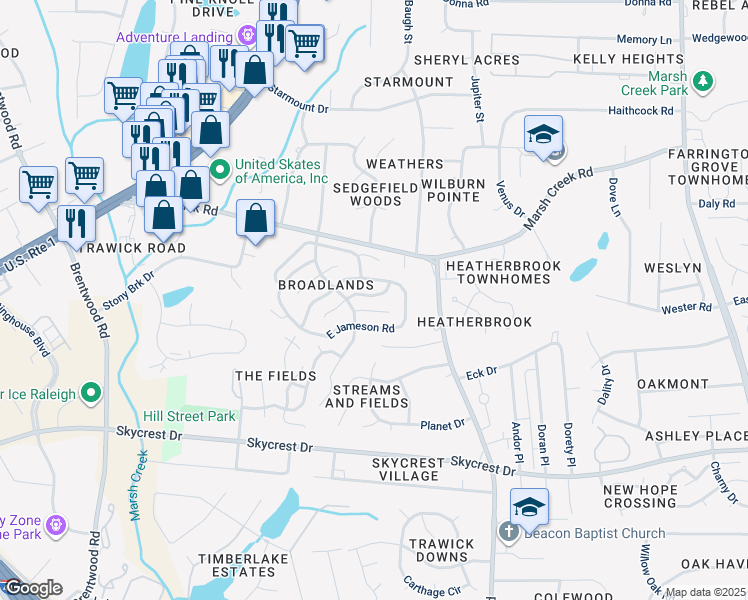 map of restaurants, bars, coffee shops, grocery stores, and more near 3316 East Annaley Drive in Raleigh