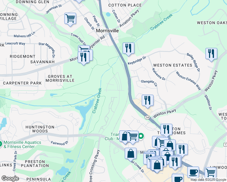 map of restaurants, bars, coffee shops, grocery stores, and more near 125 Walnut Forest Lane in Morrisville