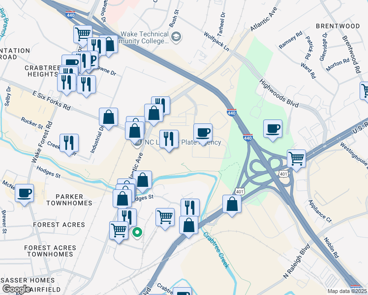 map of restaurants, bars, coffee shops, grocery stores, and more near 801 Moratuck Drive in Raleigh
