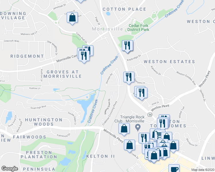 map of restaurants, bars, coffee shops, grocery stores, and more near 161 Walnut Forest Lane in Morrisville