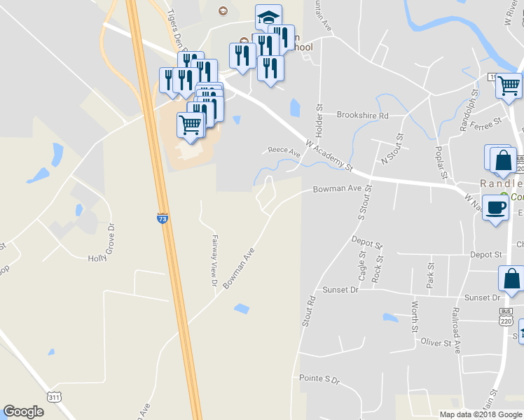 map of restaurants, bars, coffee shops, grocery stores, and more near 4060 Bentley Drive in Randleman