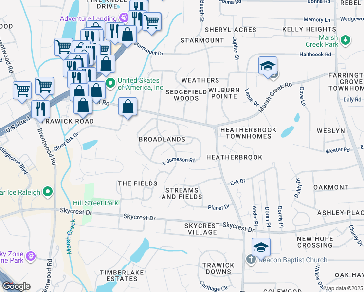 map of restaurants, bars, coffee shops, grocery stores, and more near 3312 East Annaley Drive in Raleigh