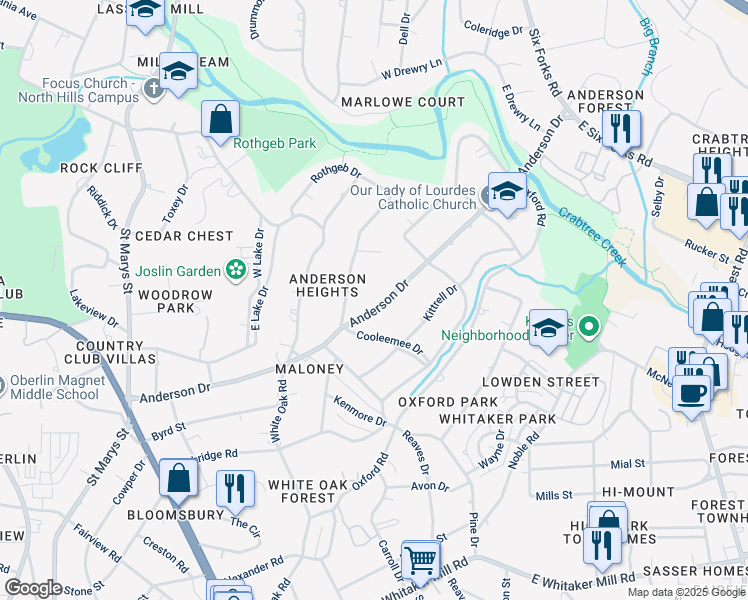 map of restaurants, bars, coffee shops, grocery stores, and more near 2715 Anderson Drive in Raleigh