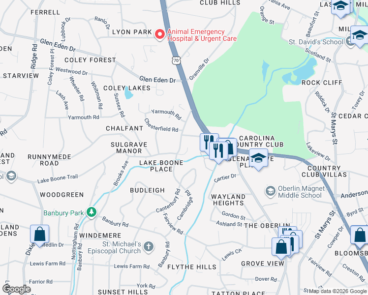map of restaurants, bars, coffee shops, grocery stores, and more near 300 Cambridge Woods Way in Raleigh