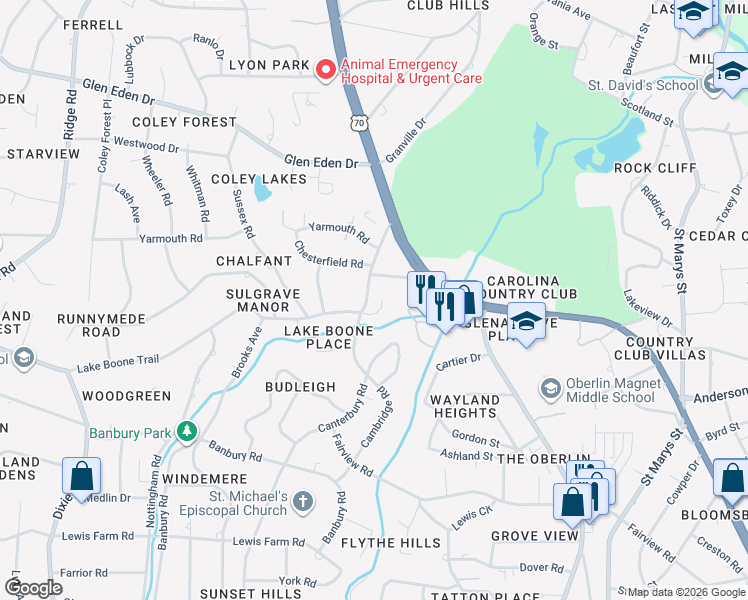 map of restaurants, bars, coffee shops, grocery stores, and more near 300 Cambridge Woods Way in Raleigh