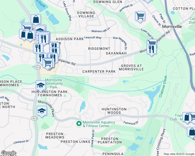map of restaurants, bars, coffee shops, grocery stores, and more near 305 Millet Drive in Morrisville