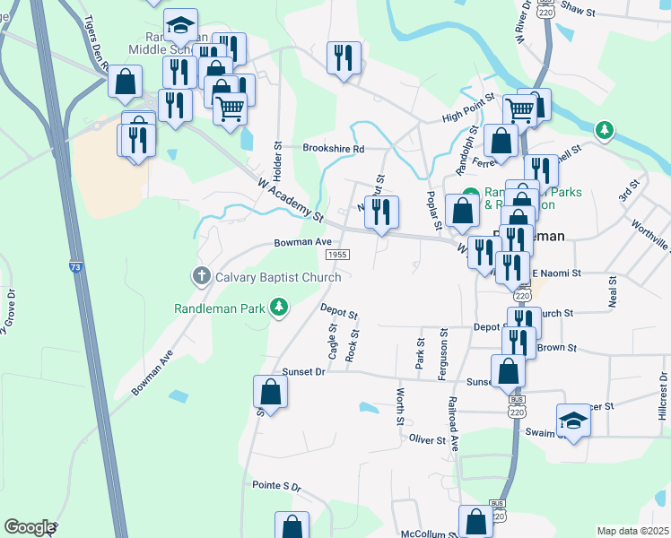 map of restaurants, bars, coffee shops, grocery stores, and more near 201 South Stout Street in Randleman