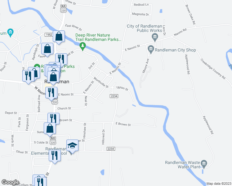 map of restaurants, bars, coffee shops, grocery stores, and more near 507 Worthville Street in Randleman