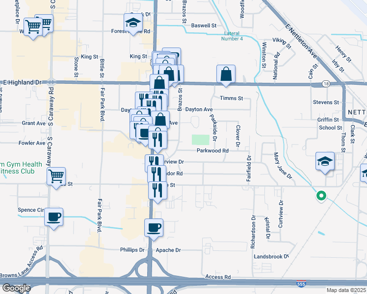 map of restaurants, bars, coffee shops, grocery stores, and more near 2212 Brazos Street in Jonesboro