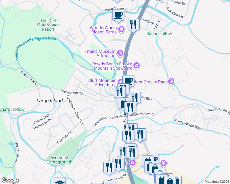 map of restaurants, bars, coffee shops, grocery stores, and more near 208 Meadowbrook Drive in Pigeon Forge