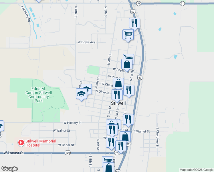 map of restaurants, bars, coffee shops, grocery stores, and more near 319 West Chestnut Street in Stilwell