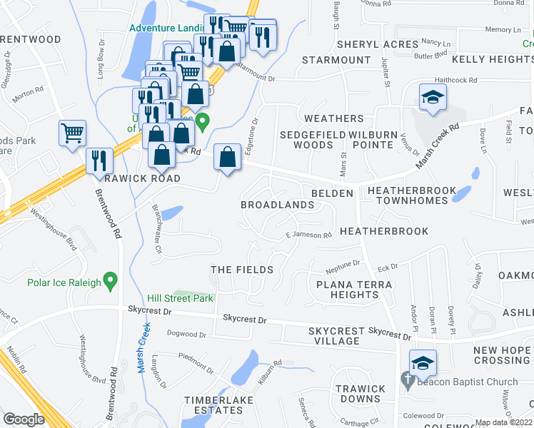 map of restaurants, bars, coffee shops, grocery stores, and more near 3021 Chippendale Road in Raleigh