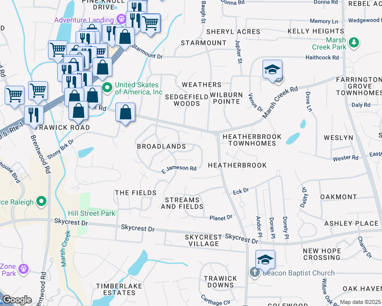 map of restaurants, bars, coffee shops, grocery stores, and more near 3324 East Annaley Drive in Raleigh