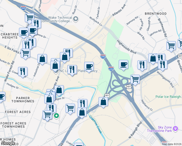 map of restaurants, bars, coffee shops, grocery stores, and more near 2601 Noblewood Circle in Raleigh