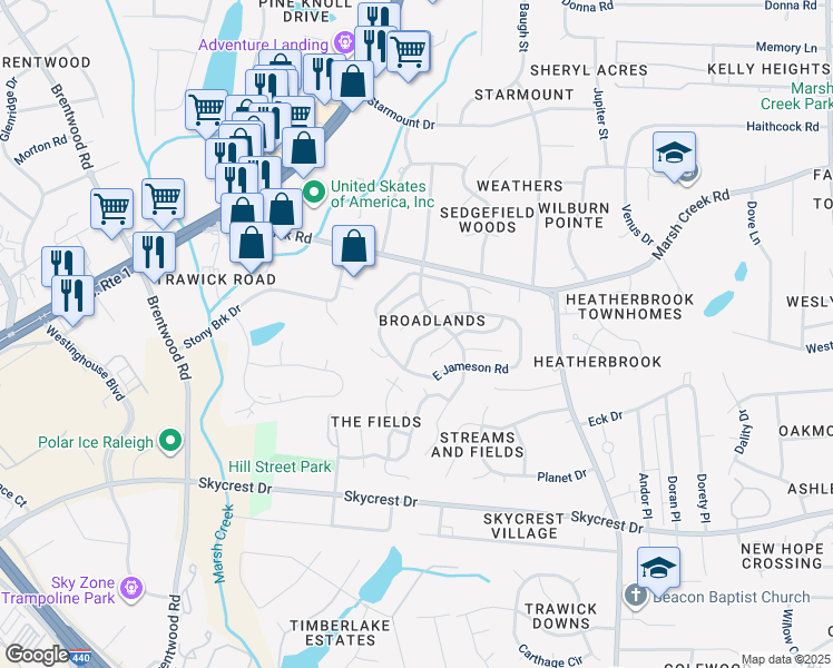 map of restaurants, bars, coffee shops, grocery stores, and more near 3021 Chippendale Road in Raleigh