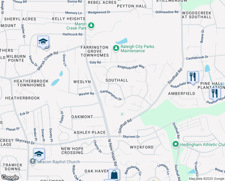 map of restaurants, bars, coffee shops, grocery stores, and more near 2505 Westham Place in Raleigh