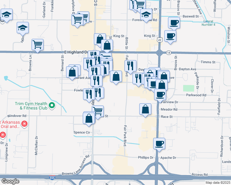 map of restaurants, bars, coffee shops, grocery stores, and more near 2117 Fair Park Boulevard in Jonesboro
