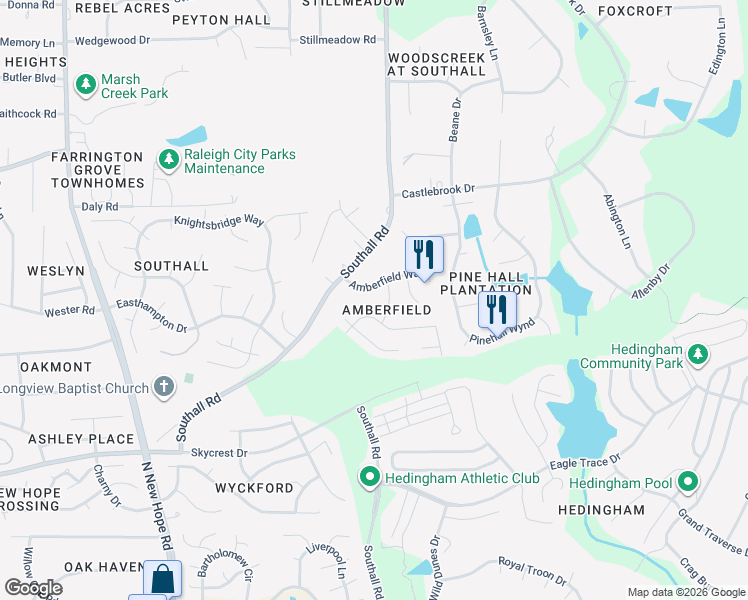 map of restaurants, bars, coffee shops, grocery stores, and more near 3096 Southall Road in Raleigh
