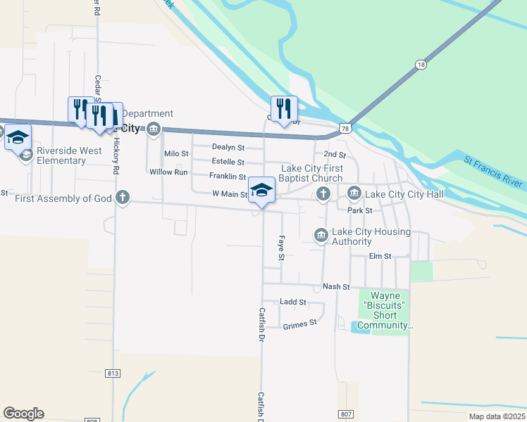 map of restaurants, bars, coffee shops, grocery stores, and more near 601 Catfish Drive in Lake City