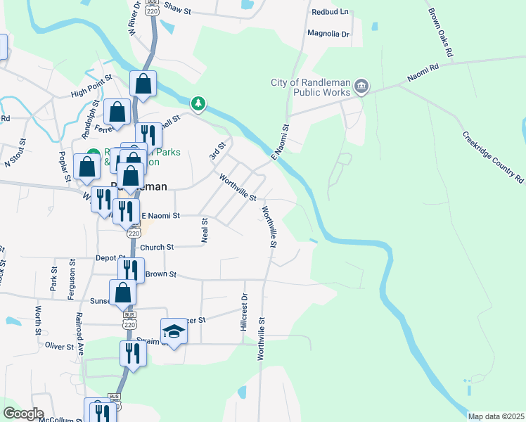 map of restaurants, bars, coffee shops, grocery stores, and more near Martha Court in Randleman