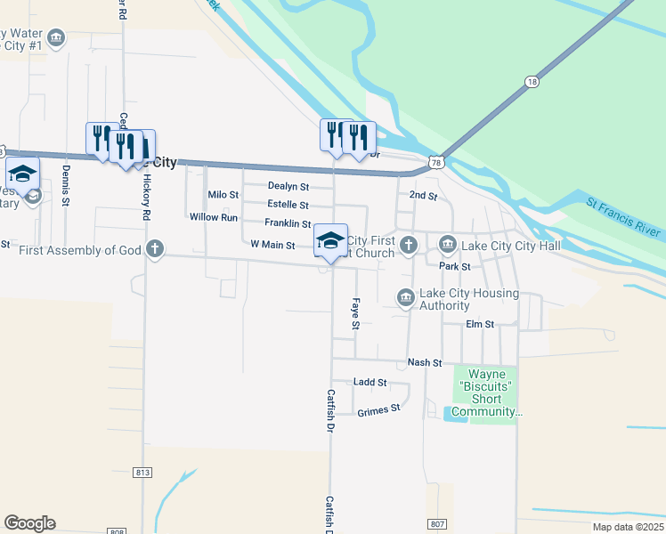 map of restaurants, bars, coffee shops, grocery stores, and more near 601 Catfish Drive in Lake City