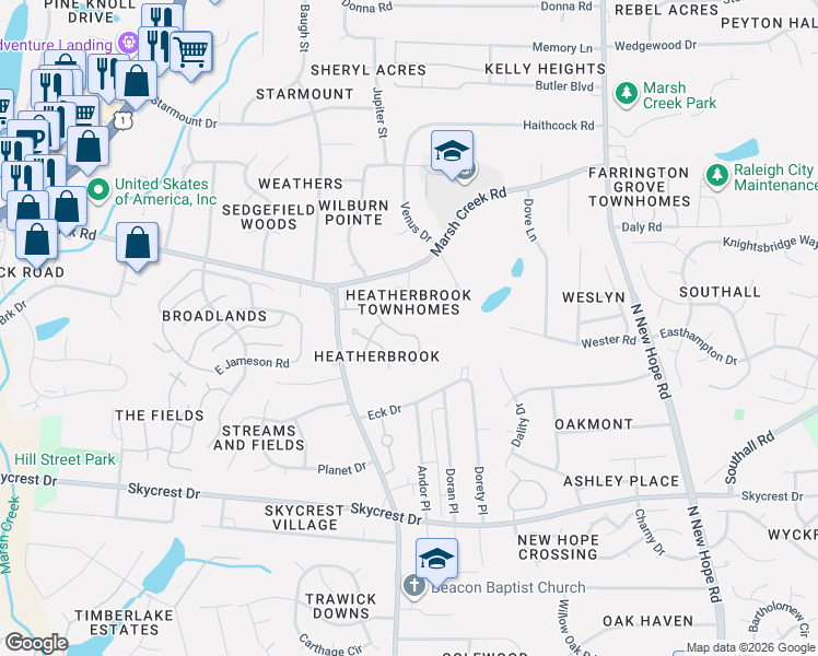 map of restaurants, bars, coffee shops, grocery stores, and more near 3617 Wickersham Way in Raleigh