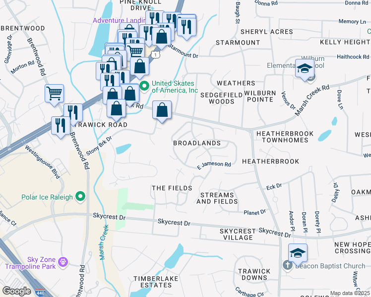 map of restaurants, bars, coffee shops, grocery stores, and more near 3020 West Folkestone Place in Raleigh