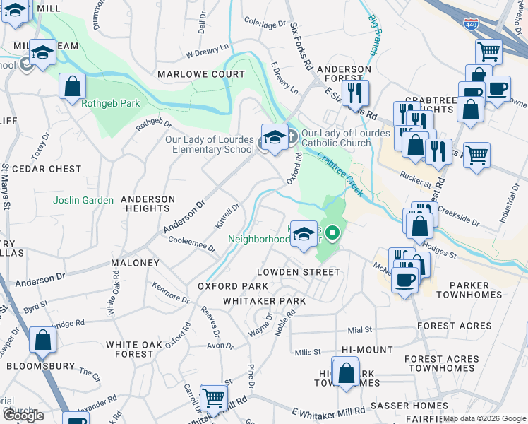 map of restaurants, bars, coffee shops, grocery stores, and more near 2520 Oxford Road in Raleigh