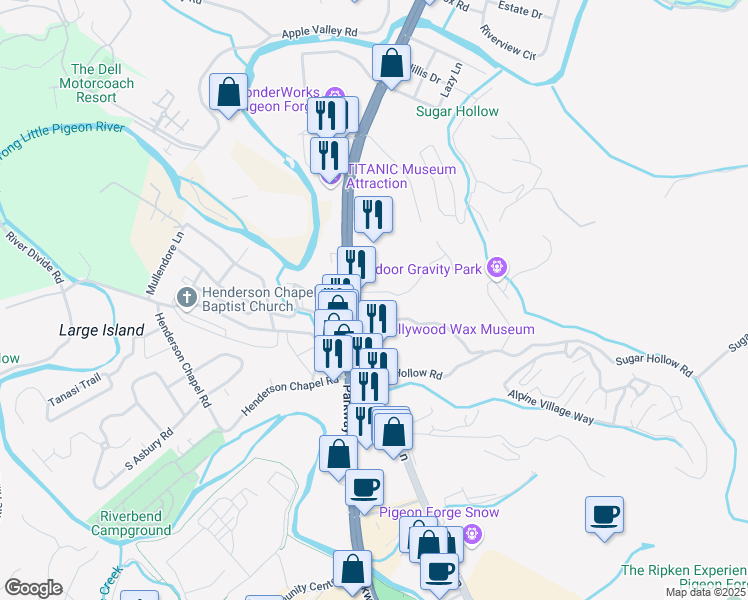 map of restaurants, bars, coffee shops, grocery stores, and more near 120 Plaza Drive in Pigeon Forge