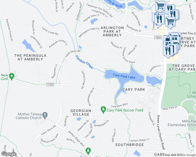 map of restaurants, bars, coffee shops, grocery stores, and more near 210 Brookbank Hill Place in Cary