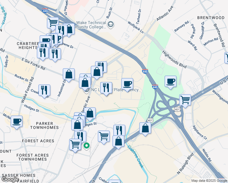 map of restaurants, bars, coffee shops, grocery stores, and more near 800 Moratuck Drive in Raleigh