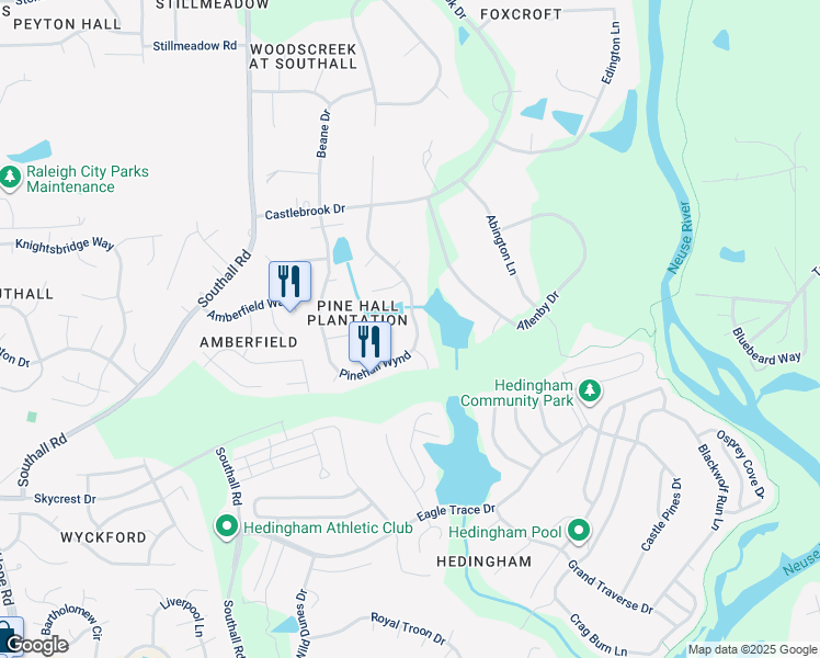 map of restaurants, bars, coffee shops, grocery stores, and more near 5257 Pinehall Wynd in Raleigh