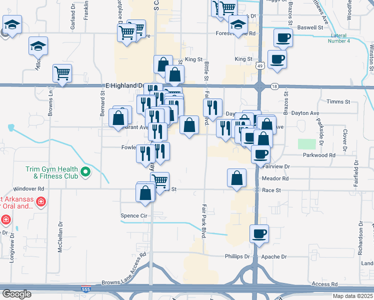 map of restaurants, bars, coffee shops, grocery stores, and more near 2117 Fair Park Boulevard in Jonesboro