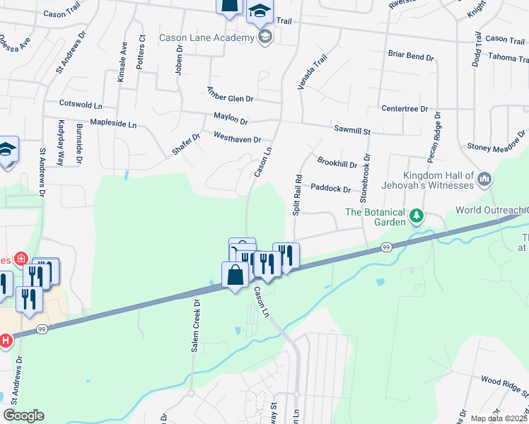 map of restaurants, bars, coffee shops, grocery stores, and more near 1709 Cason Lane in Murfreesboro