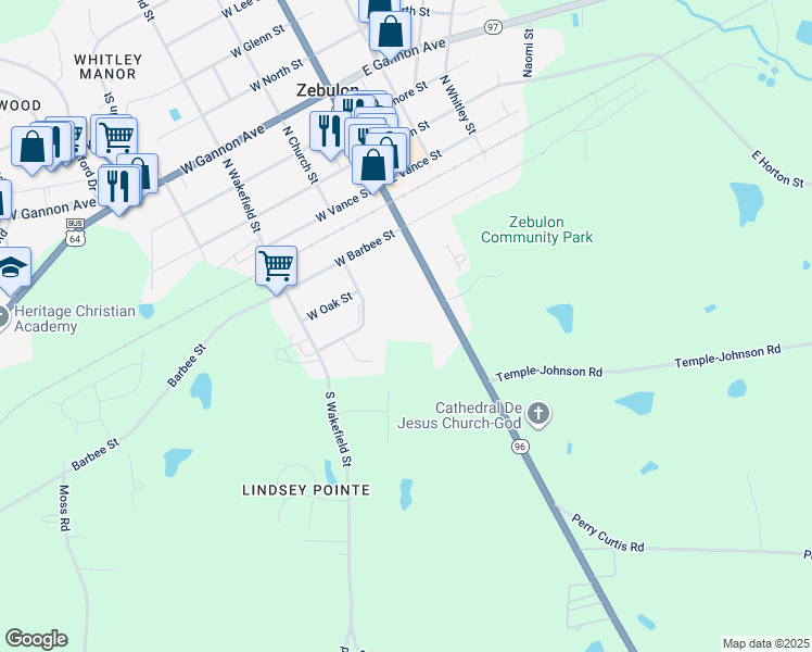 map of restaurants, bars, coffee shops, grocery stores, and more near 406 South Arendell Avenue in Zebulon
