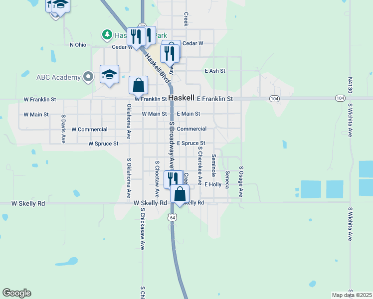 map of restaurants, bars, coffee shops, grocery stores, and more near 309 Cherokee Street in Haskell