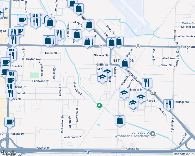 map of restaurants, bars, coffee shops, grocery stores, and more near 3801 Vera Street in Jonesboro