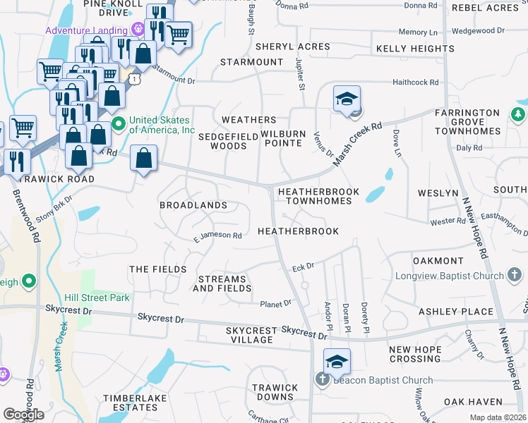 map of restaurants, bars, coffee shops, grocery stores, and more near 3509 East Jameson Road in Raleigh
