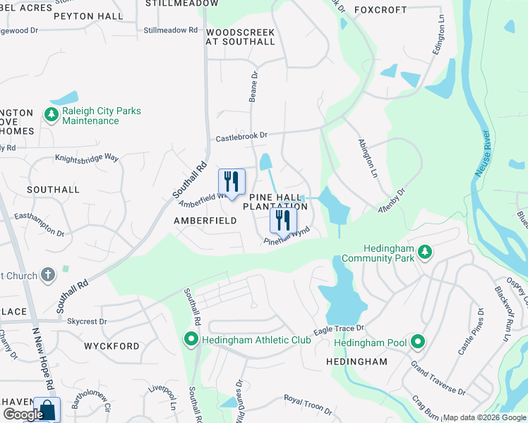 map of restaurants, bars, coffee shops, grocery stores, and more near 5305 Green Feather Lane in Raleigh