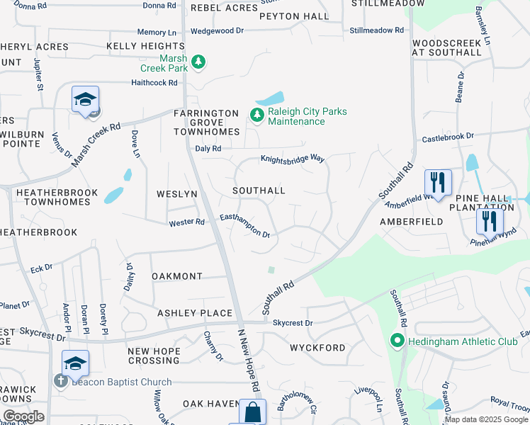 map of restaurants, bars, coffee shops, grocery stores, and more near 4401 Birmingham Way in Raleigh