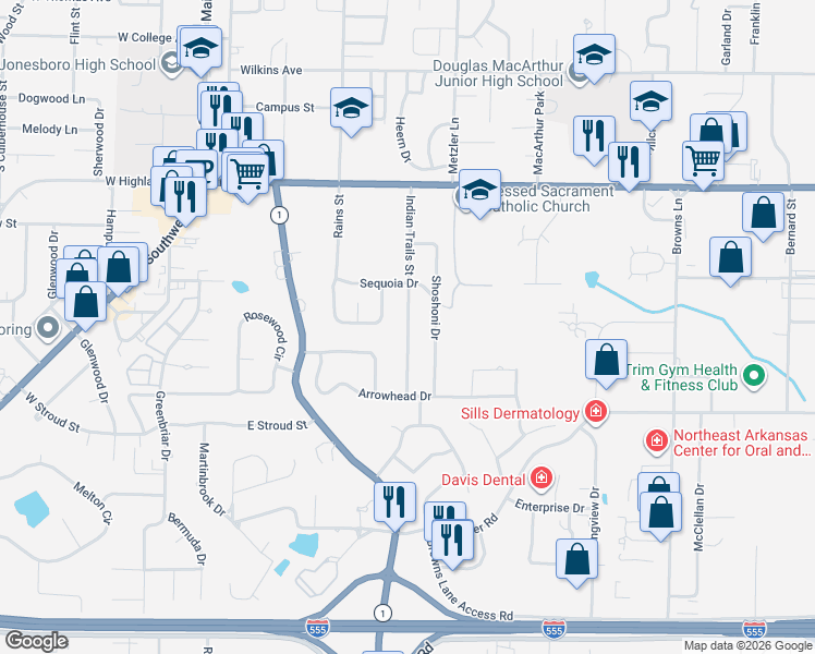 map of restaurants, bars, coffee shops, grocery stores, and more near 2217 Indian Trails Street in Jonesboro