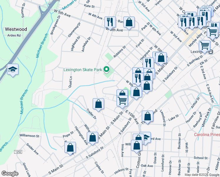 map of restaurants, bars, coffee shops, grocery stores, and more near 44 Robbins Circle in Lexington