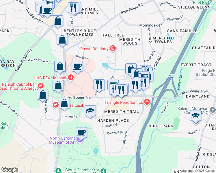map of restaurants, bars, coffee shops, grocery stores, and more near 2511 Landmark Drive in Raleigh