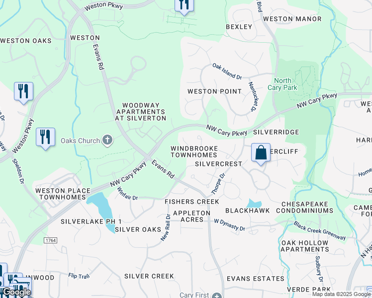 map of restaurants, bars, coffee shops, grocery stores, and more near 214 Windbyrne Drive in Cary